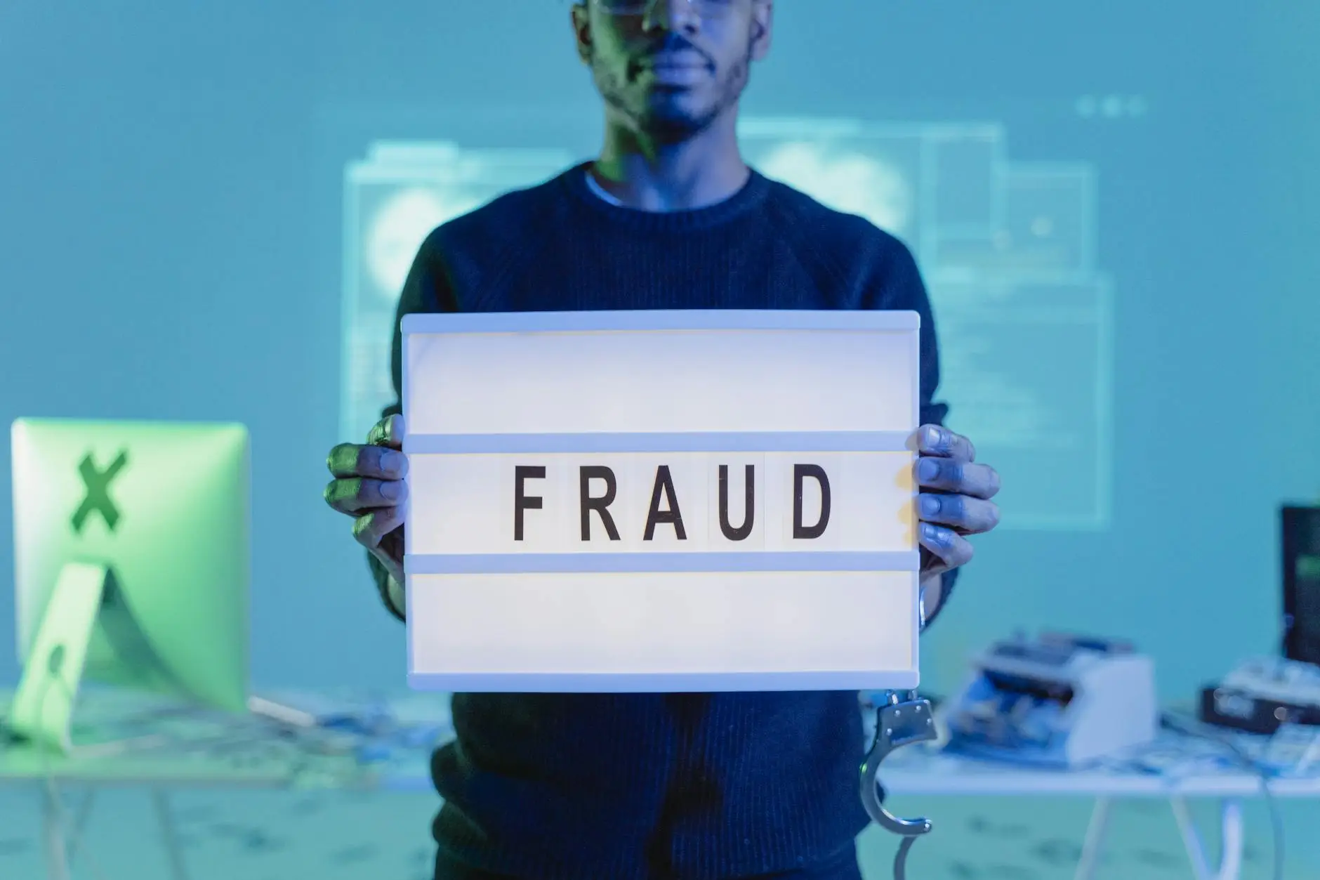 a man in black sweater holding letter board with fraud text