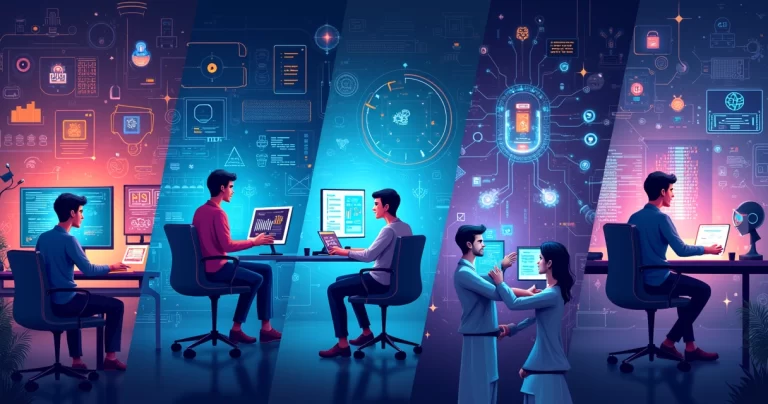 Cinco profissões em alta com inteligência artificial, mostrando um ambiente moderno e tecnológico.