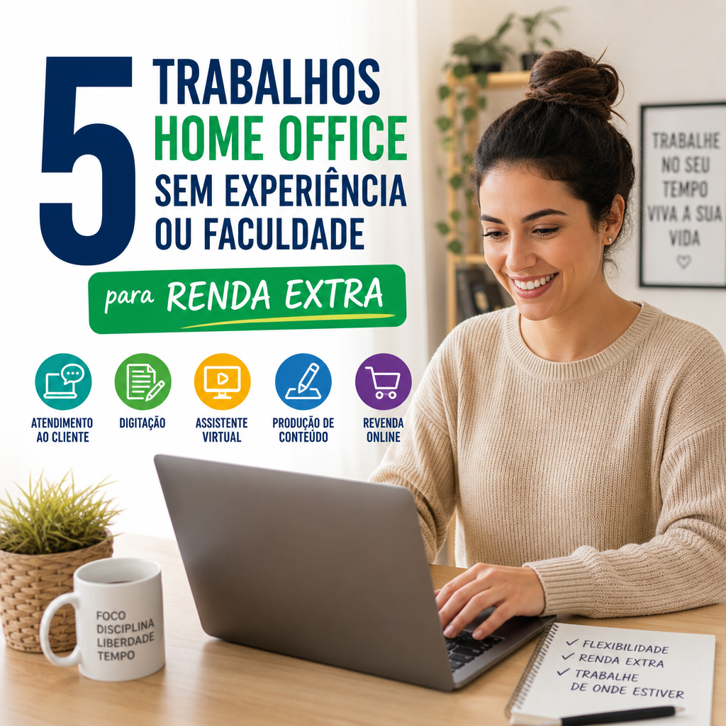 Mulher trabalhando no laptop em casa, com texto sobre 5 trabalhos home office sem experiência ou faculdade.