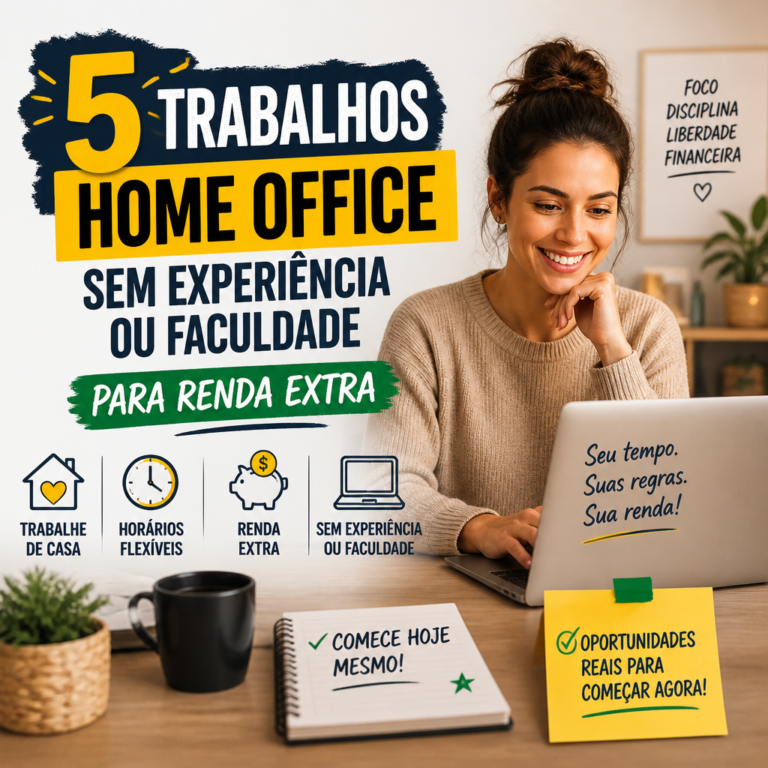 Mulher sorrindo no home office ao lado de anúncio sobre cinco trabalhos para renda extra sem experiência ou faculdade.