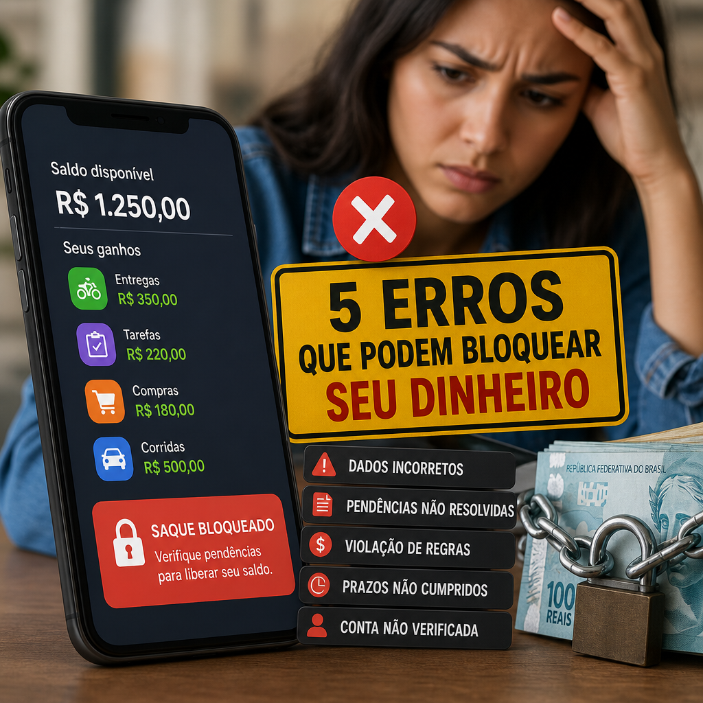 Mulher preocupada consulta app bancário bloqueado ao lado de alerta com cinco erros que podem bloquear seu dinheiro.