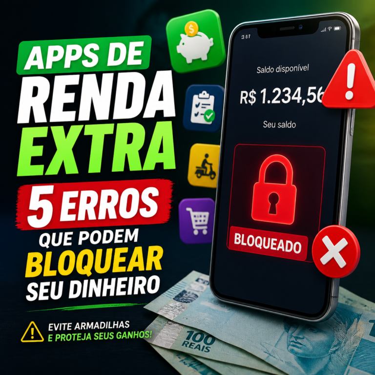 Gráfico em português alerta sobre 5 erros em apps de renda extra, com celular bloqueado e notas de dinheiro brasileiras.