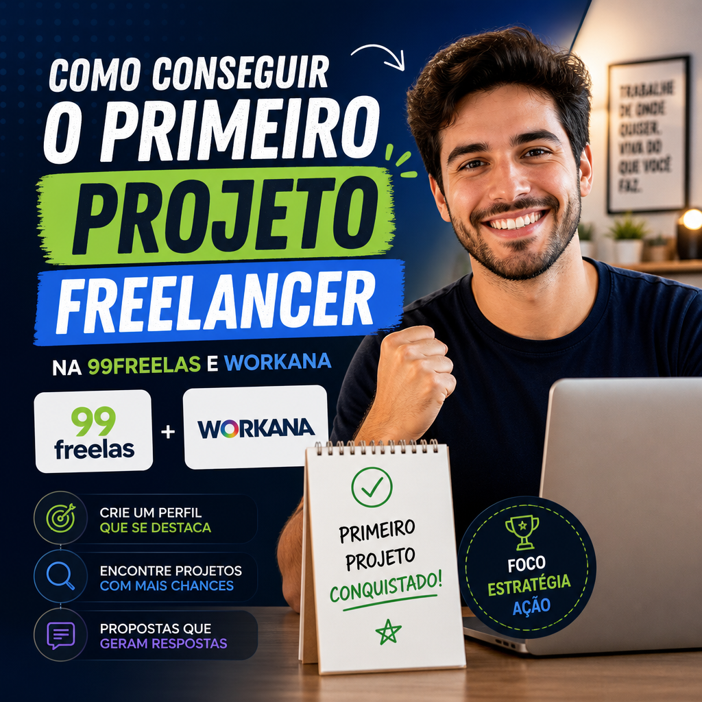 Freelancer sorrindo com laptop e dicas para conseguir o primeiro projeto na 99Freelas e Workana.