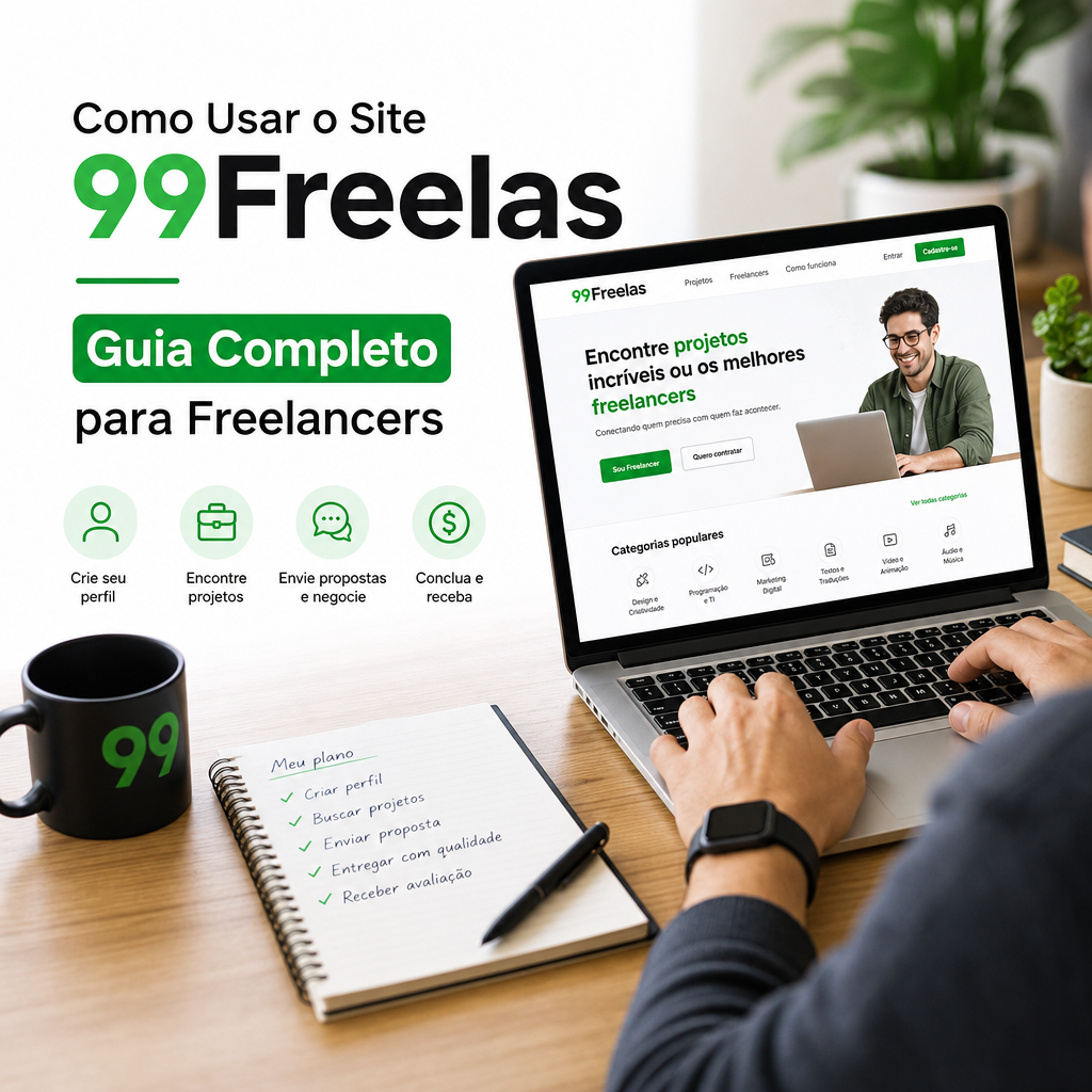 Guia visual sobre como usar o 99Freelas para criar perfil, encontrar projetos e conquistar clientes como freelancer.