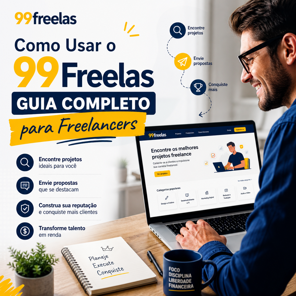 Guia visual de como usar o 99Freelas para encontrar projetos, enviar propostas e conquistar clientes.