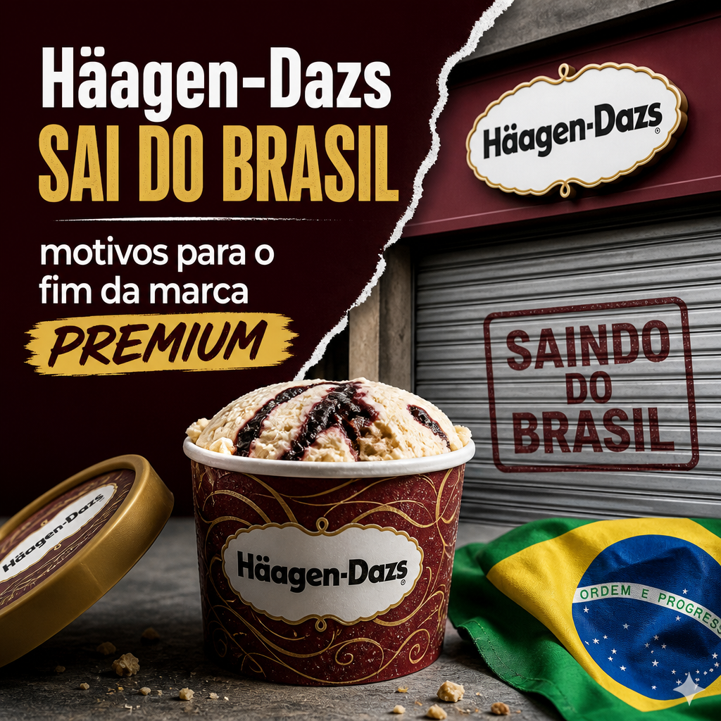 Häagen-Dazs promotional graphic announcing its departure from Brazil, with ice cream, Brazilian flag, and storefront signage