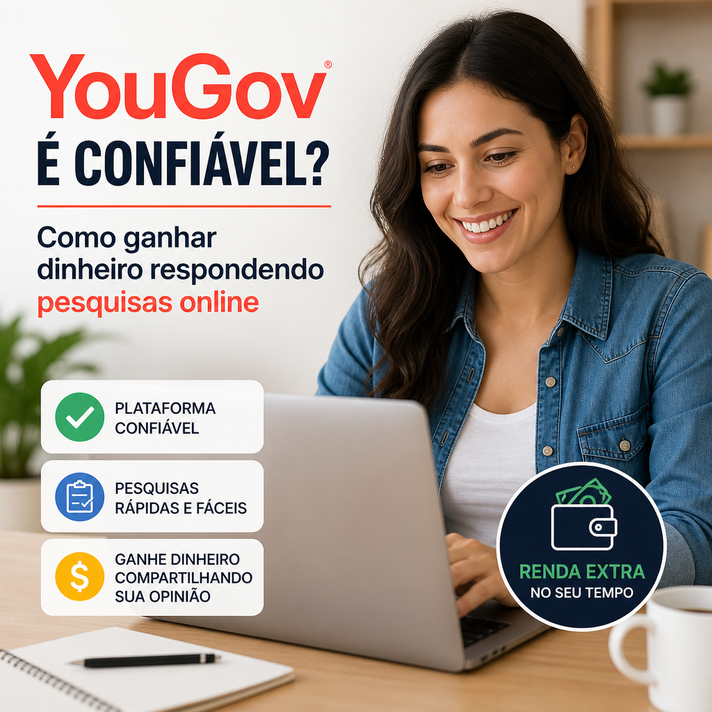 Mulher sorrindo com laptop ao lado de anúncio sobre ganhar dinheiro no YouGov respondendo pesquisas online.