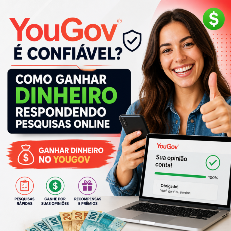 Mulher sorridente com celular e notebook em anúncio sobre ganhar dinheiro respondendo pesquisas online no YouGov.