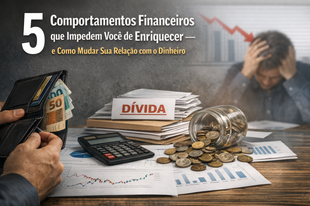 Worried person surrounded by unpaid bills, debt symbols, falling charts, and scattered coins, illustrating financial stress.