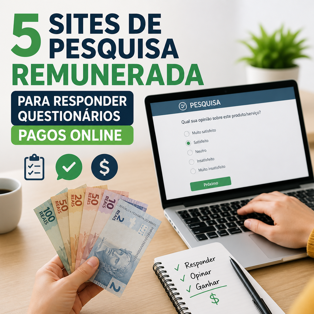 Ilustração sobre cinco sites de pesquisas remuneradas para responder questionários e ganhar dinheiro online.