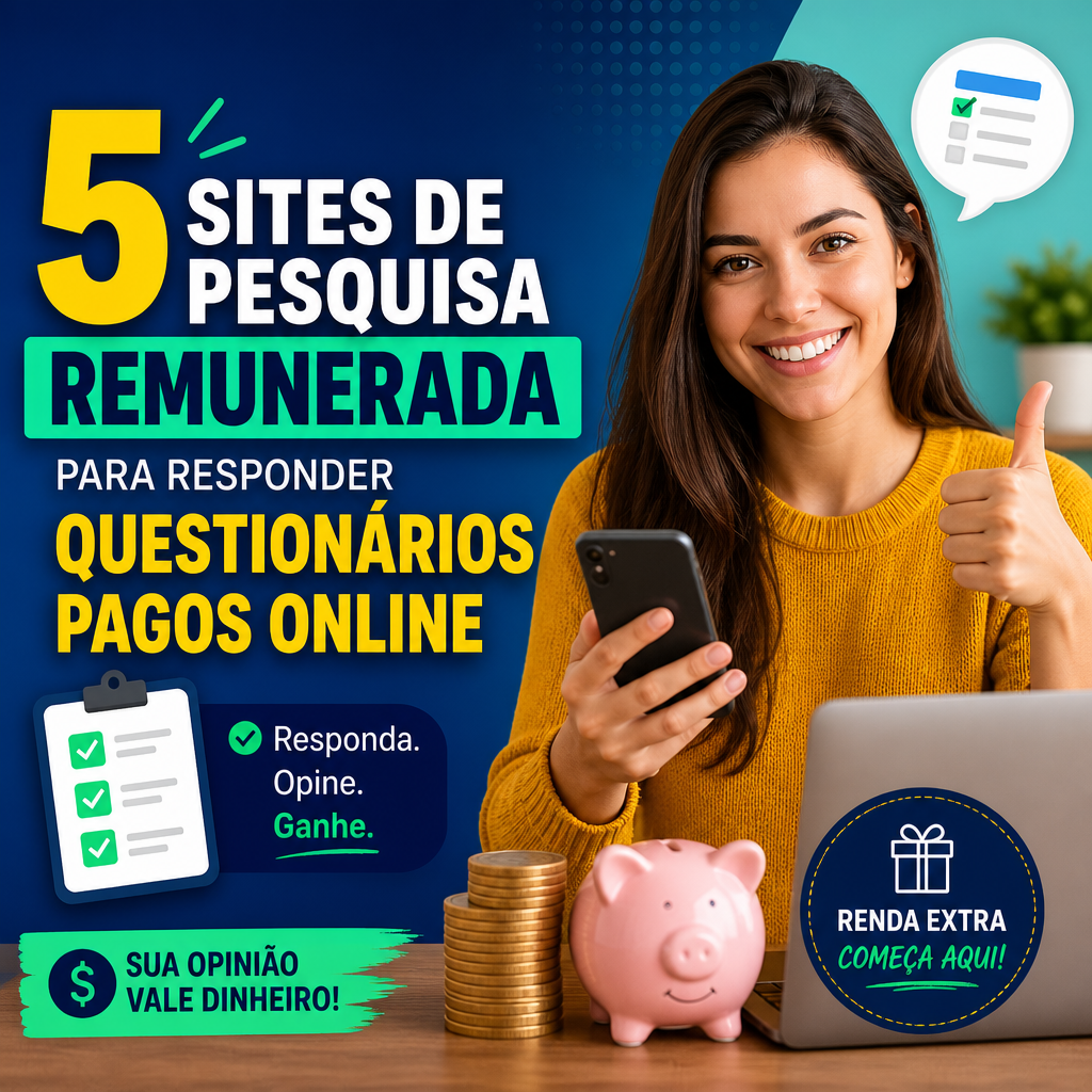 Woman promoting five paid survey websites for earning money online.