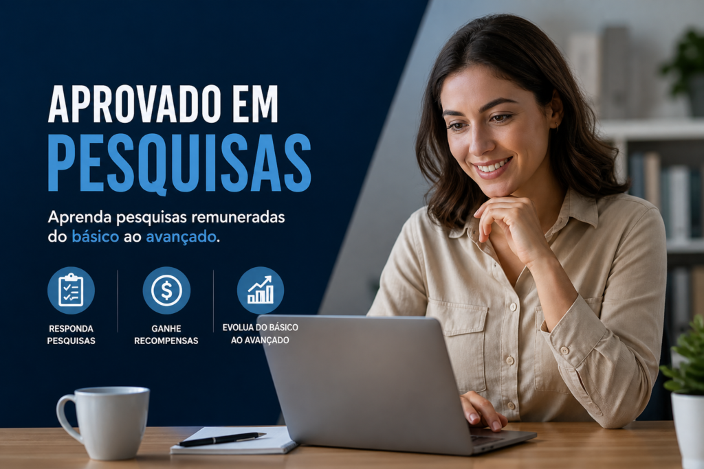 Mulher sorrindo usa laptop ao lado de anúncio sobre pesquisas remuneradas e aprendizagem baseada em evidências.