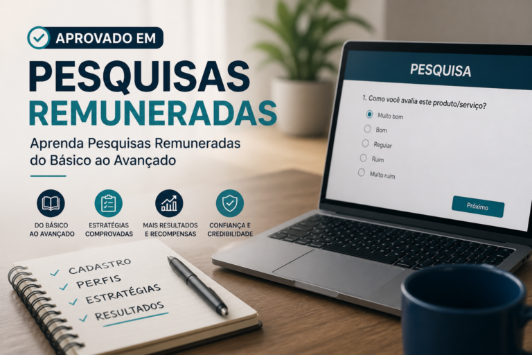 Ilustração sobre pesquisas remuneradas, mostrando como ganhar dinheiro respondendo questionários online.