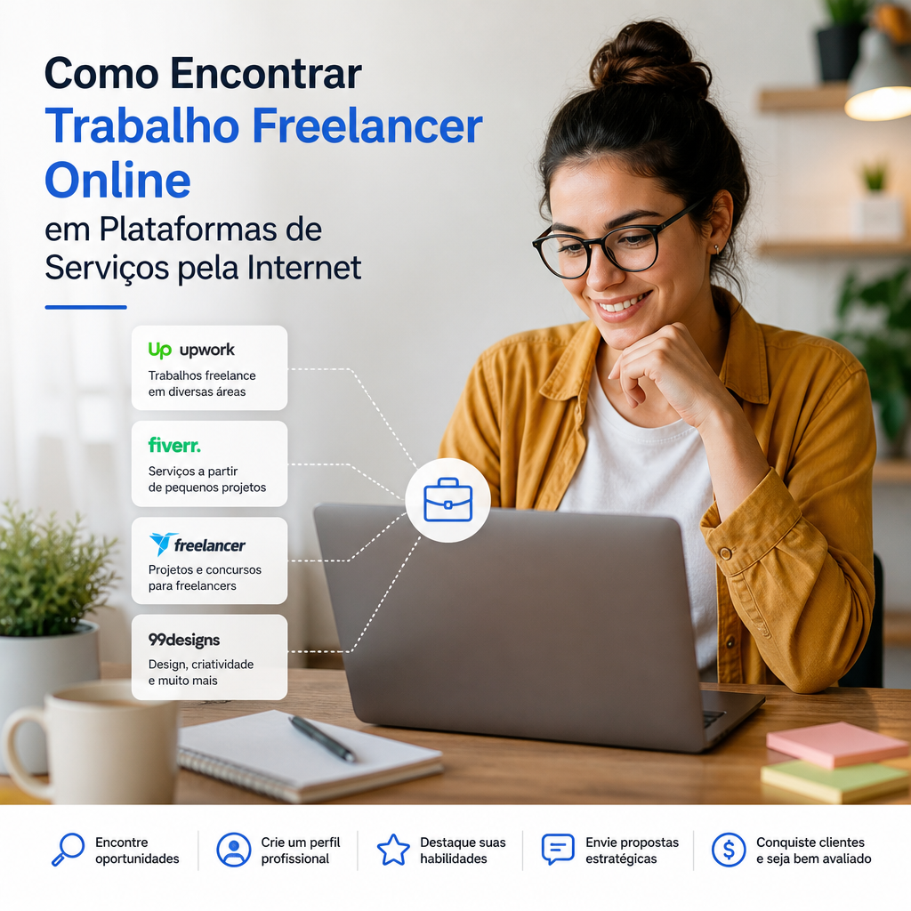 Mulher trabalhando no laptop, com dicas para encontrar trabalho freelancer online em plataformas de serviços.