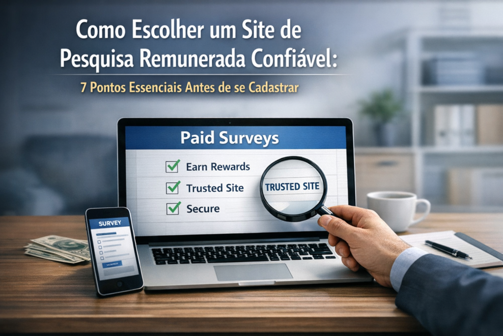 Laptop showing a trusted paid survey website, with registration tips, a smartphone, and cash nearby.