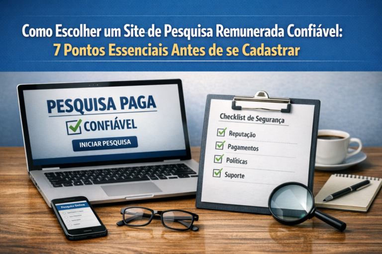 Laptop com checklist de dicas para escolher um site de pesquisa remunerada confiável.