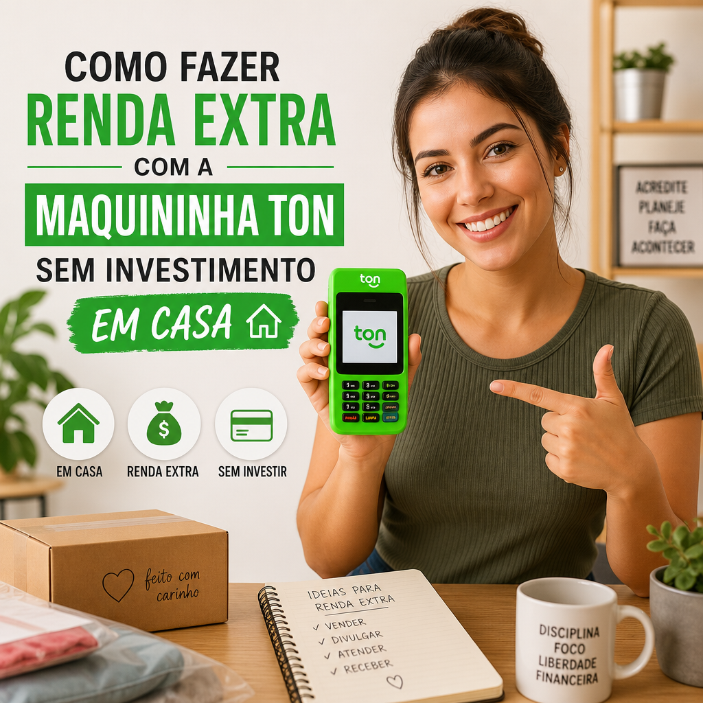 Mulher apresenta maquininha de cartão para gerar renda extra em casa, sem investimento.