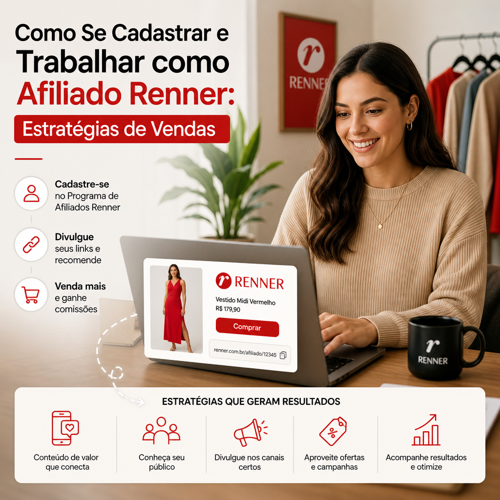 Mulher usando laptop em ambiente Renner, trabalhando com vendas e marketing de afiliados.