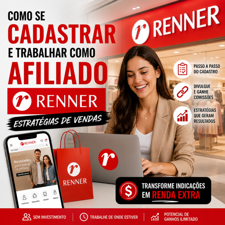 Guia para se cadastrar e trabalhar como afiliado Renner, com estratégias de vendas e renda extra.
