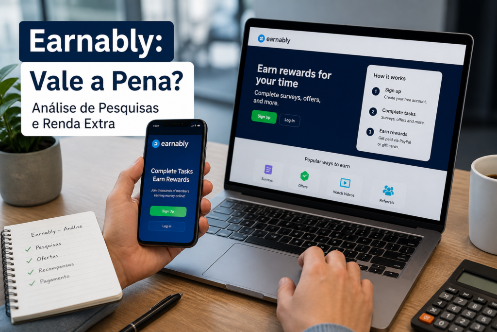 Earnably survey rewards on a laptop and smartphone beside a checklist and calculator.