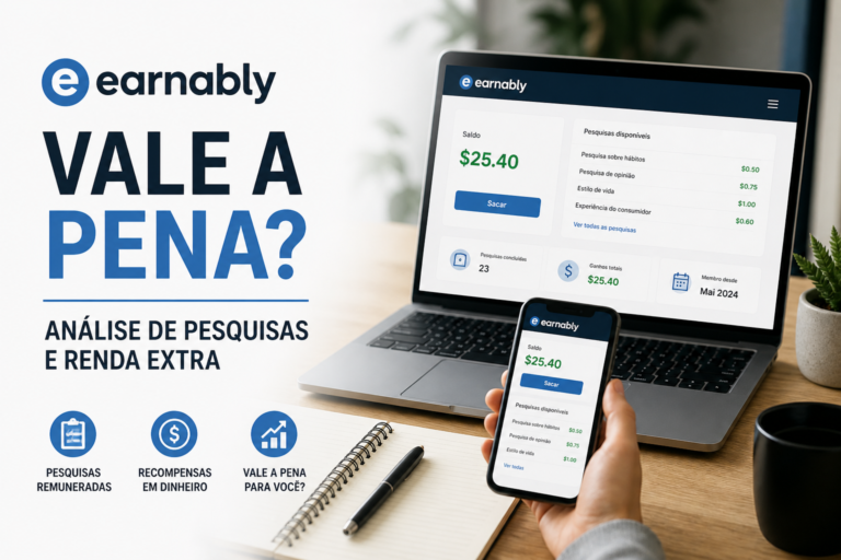Gráfico promocional do Earnably mostrando pesquisas, renda extra e ganhos visualizados em laptop e smartphone.