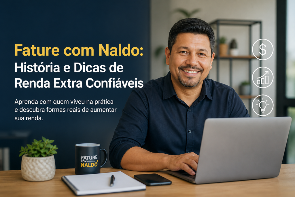 Smiling man at a desk with a laptop beside Portuguese text about reliable extra income tips.