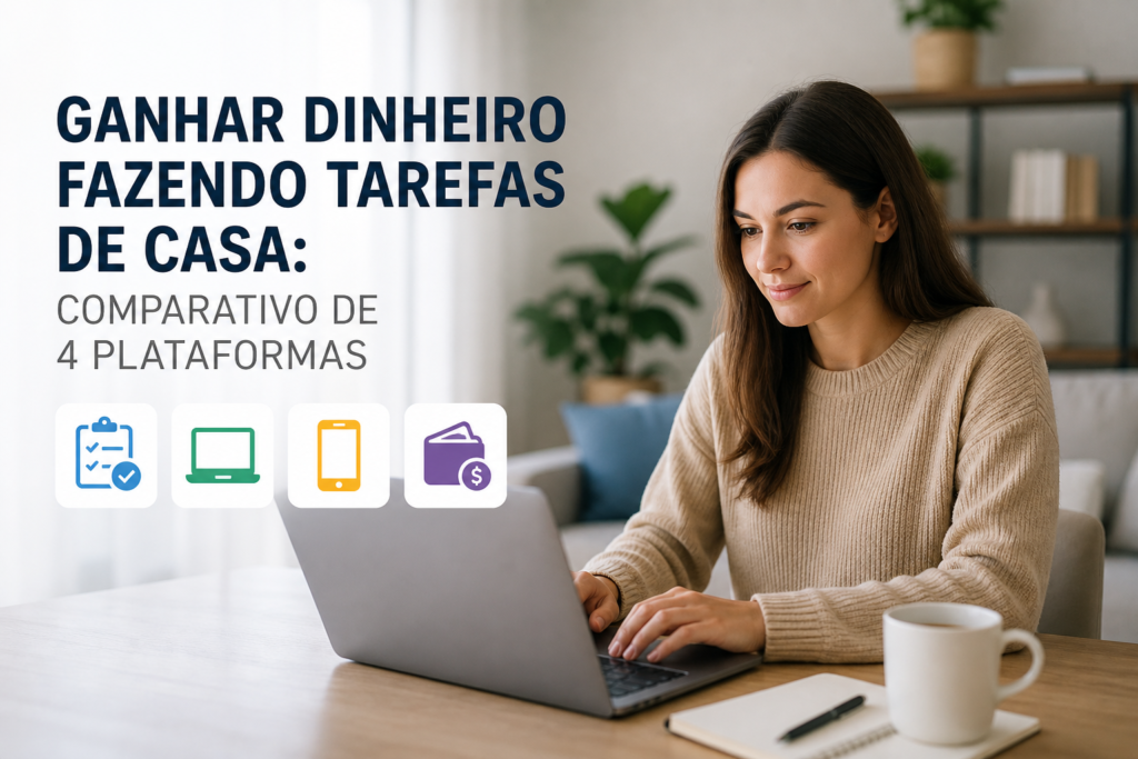 Mulher trabalha em casa com laptop; dicas para ganhar dinheiro fazendo tarefas domésticas.