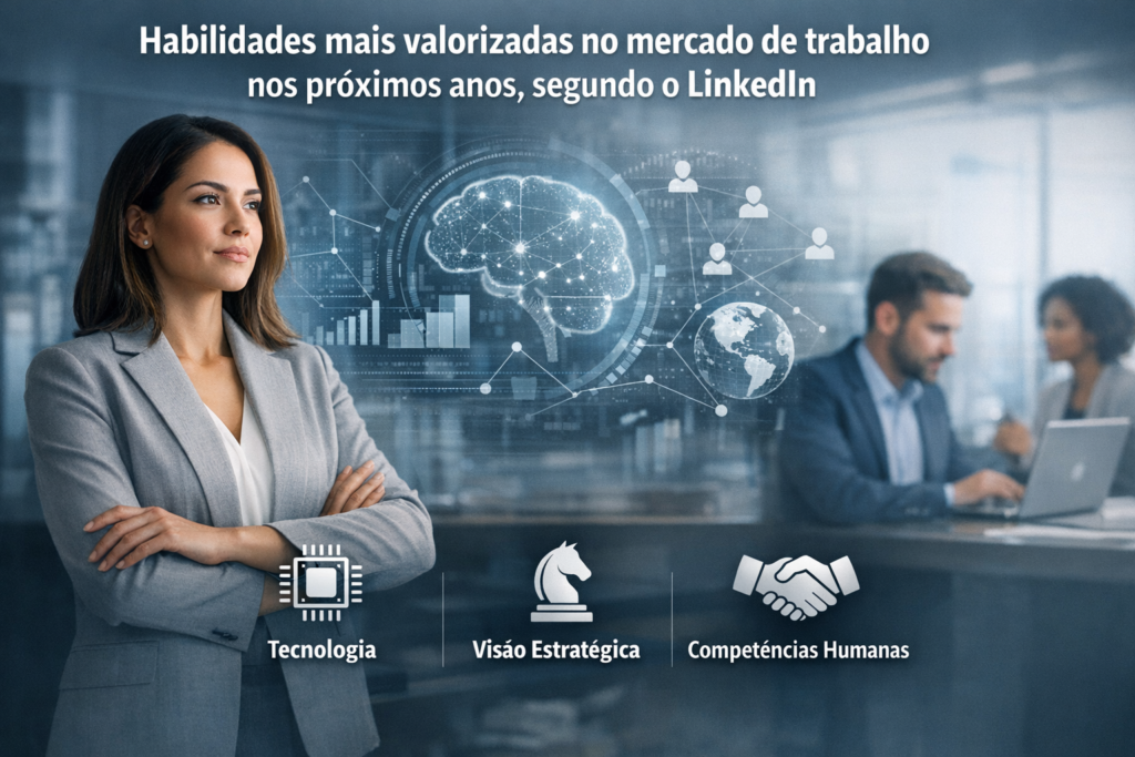 Profissional em ambiente corporativo diante de gráficos digitais sobre tecnologia, estratégia e competências humanas.
