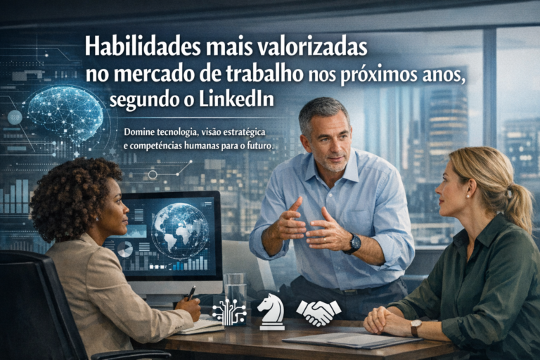 Empresários discutem habilidades profissionais valorizadas no mercado de trabalho futuro em escritório moderno.