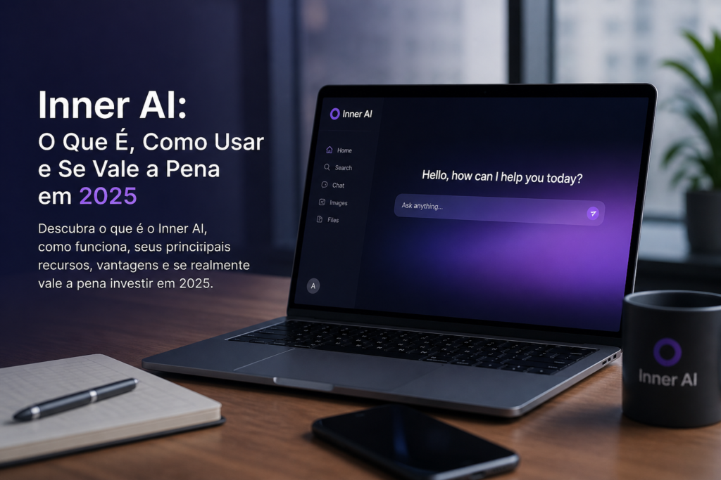 Notebook exibe a plataforma Inner AI ao lado de uma xícara de café e um smartphone.