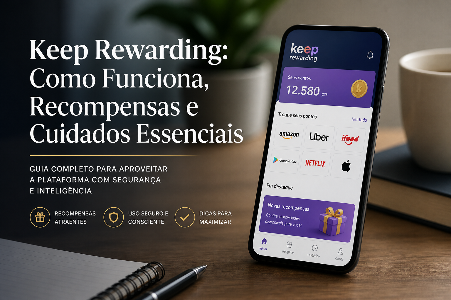 Banner promocional do app Keep Rewards, com celular, café, caderno e benefícios do programa de recompensas.