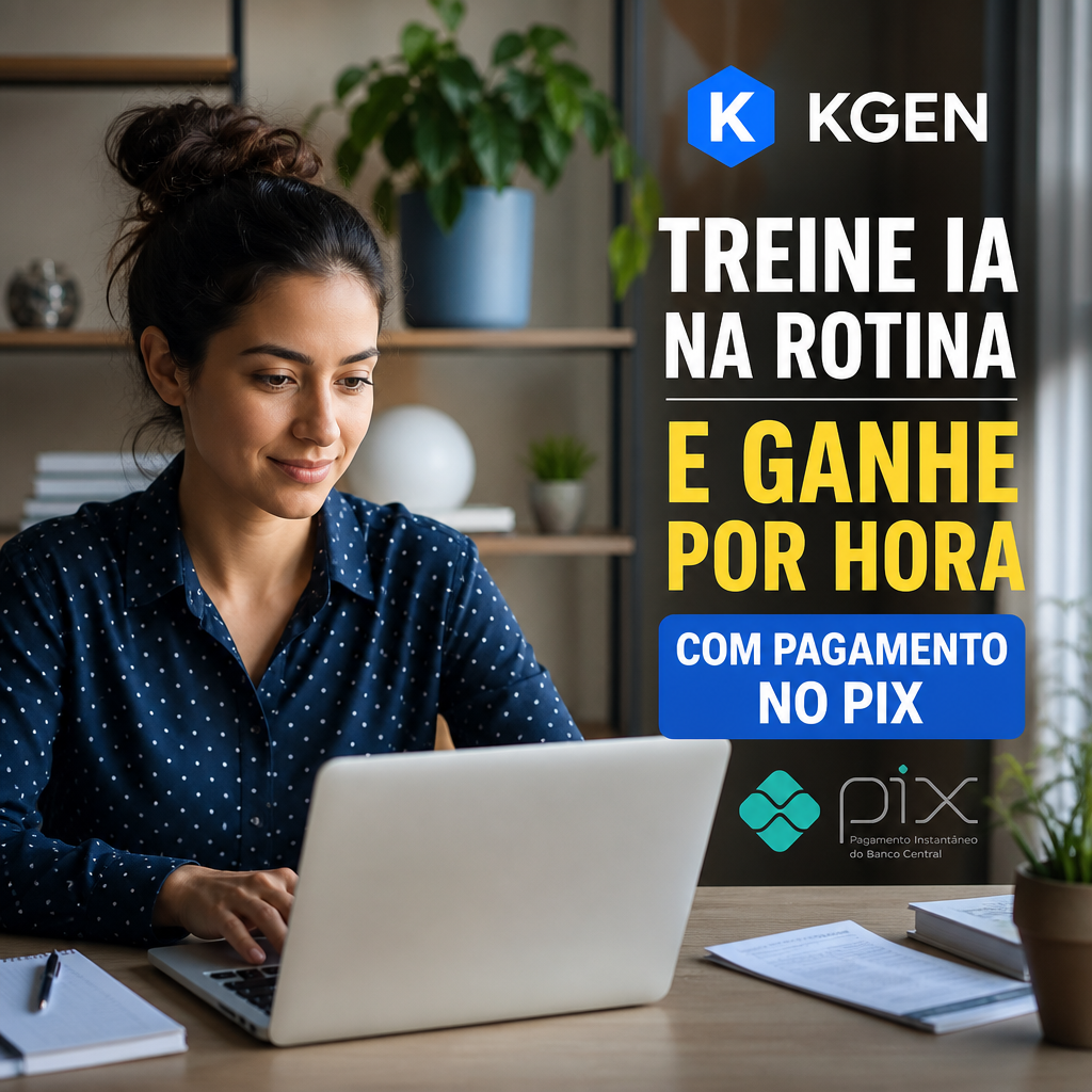 Mulher trabalha no laptop em casa ao lado de anúncio sobre treinar IA e receber por hora via Pix.