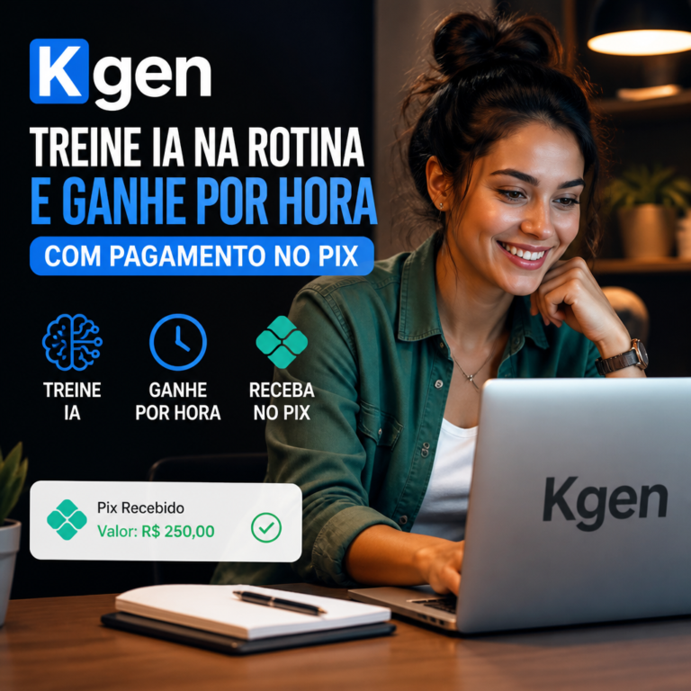 Smiling woman using a laptop beside text promoting Kgen hourly payments via Pix.