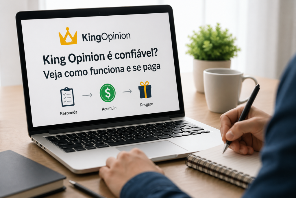 Laptop showing a KingOpinion survey payment page beside a person taking notes at a desk.