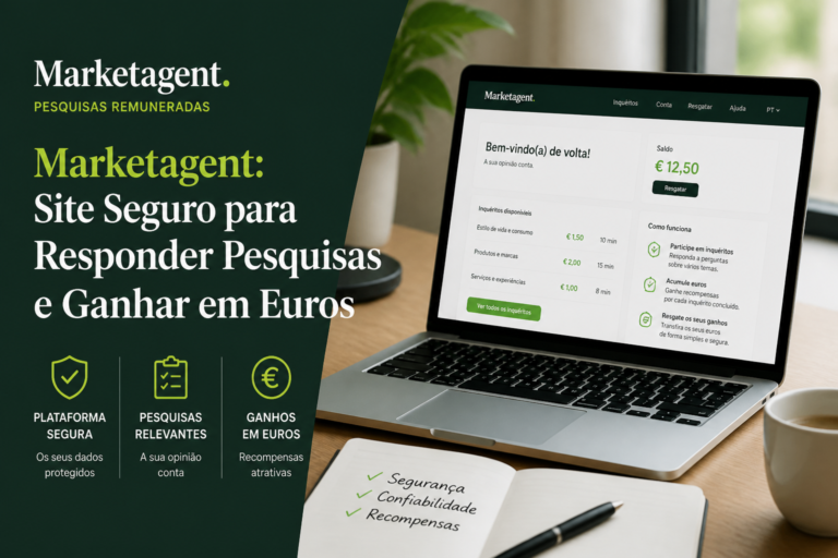 Marketagent banner showing a laptop with an earnings dashboard and Portuguese text about making money through surveys.