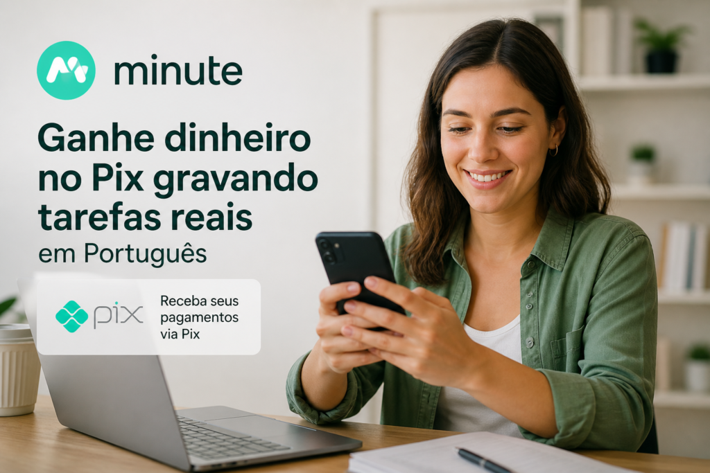Woman using smartphone beside laptop displaying Portuguese text about earning money through Pix tasks.