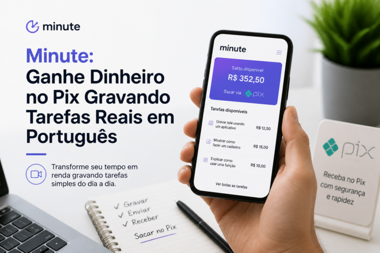Minute app screen showing Brazilians earning money via Pix by completing real-world tasks in Portuguese.