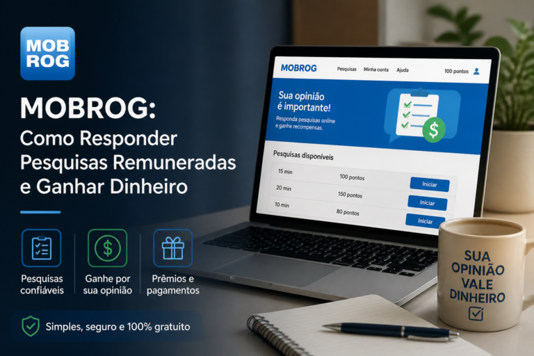 MOBROG banner promoting paid online surveys and rewards, with a laptop beside a mug.