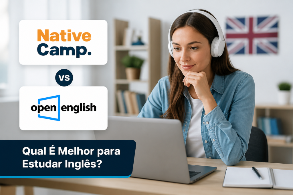 Woman with headphones studies English online on a laptop, comparing NativeCamp and Open English courses.