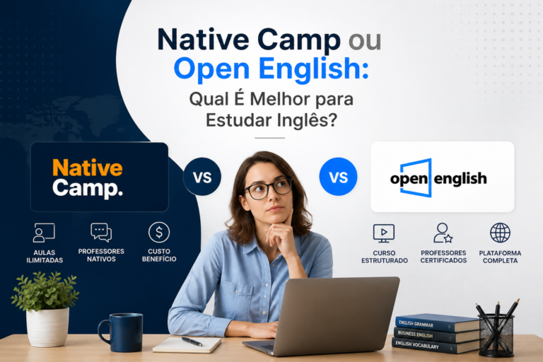 Comparison of Native Camp and Open English with a teacher studying English on a laptop.