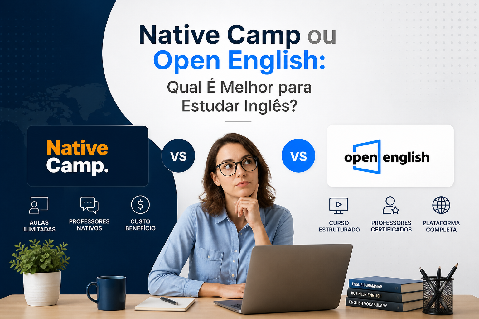 Comparison of Native Camp and Open English with a teacher studying English on a laptop.