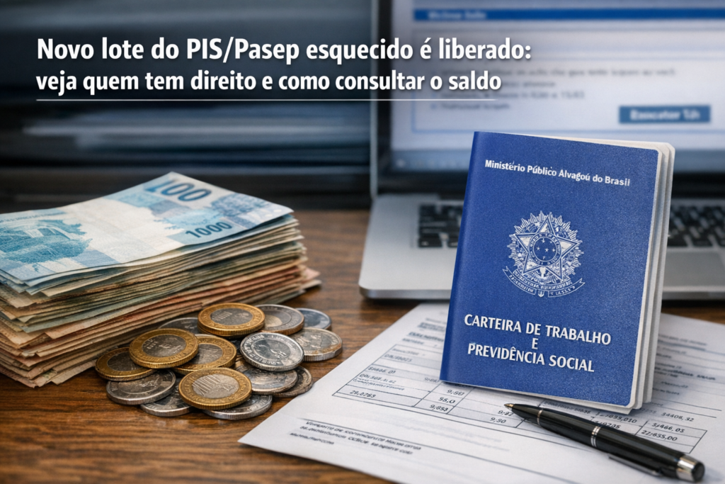 Carteira de Trabalho, documentos, c&eacute;dulas e moedas ilustram o lote esquecido do PIS/Pasep e a consulta ao saldo.