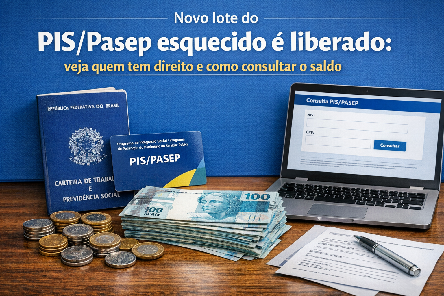 Aviso de pagamento do PIS/Pasep com notas e moedas brasileiras, laptop e documentos sobre uma mesa.