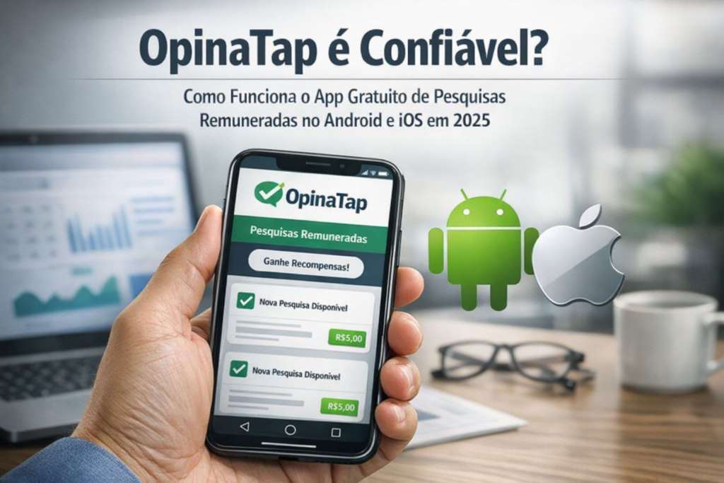 Tela do app OpinaTap, plataforma de pesquisas remuneradas disponível para Android e iOS.