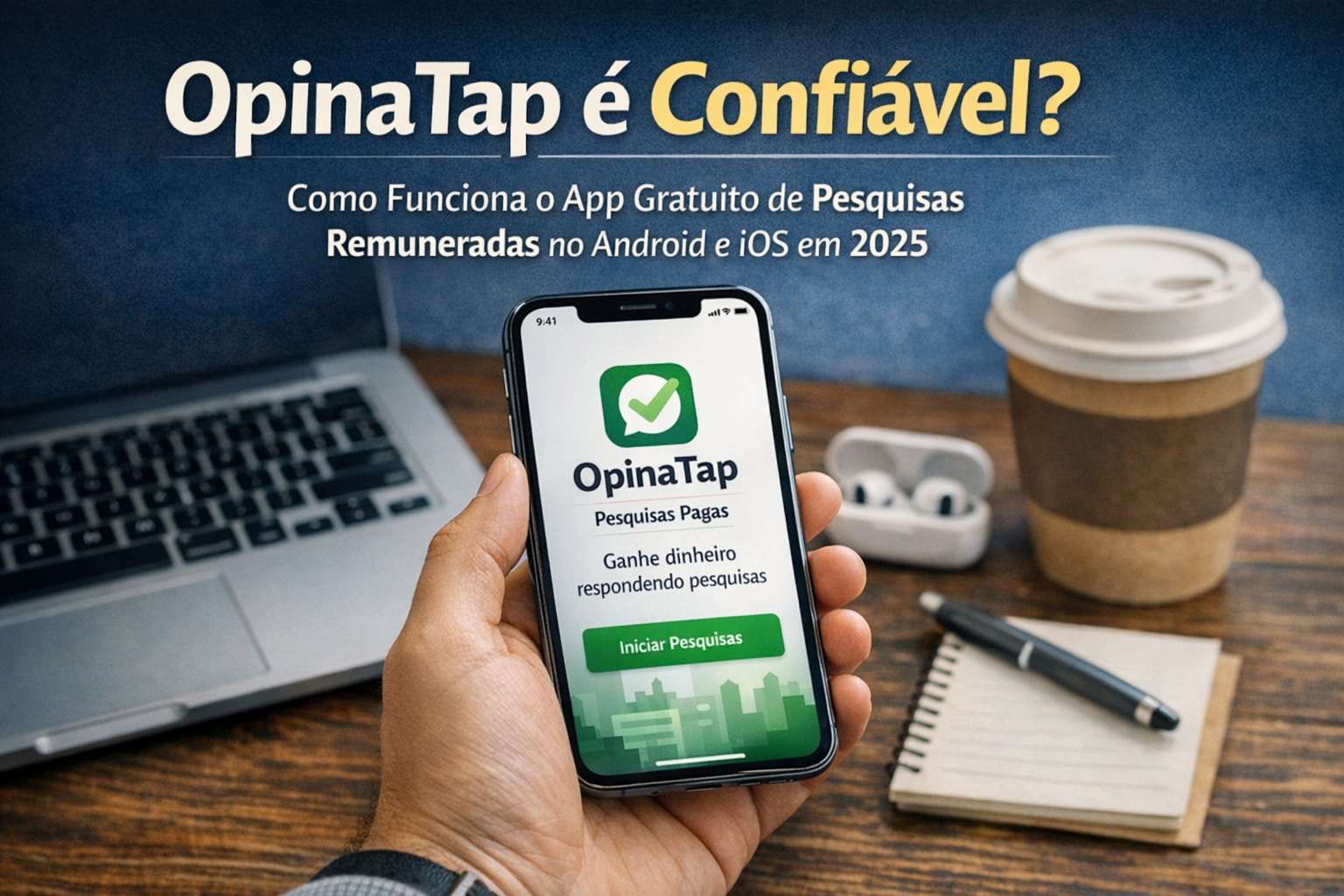 OpinaTap app on a smartphone beside a laptop, coffee, and notebook, promoting paid surveys in 2025.