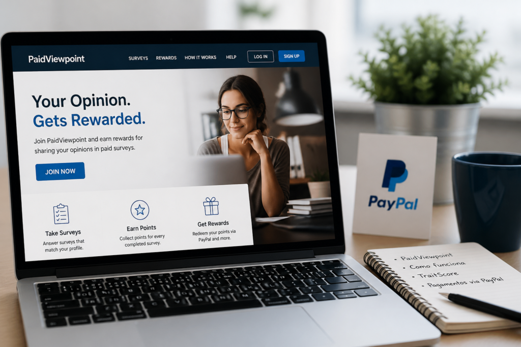 Laptop showing a paid survey website with PayPal payments and rewards beside a notebook and coffee mug.
