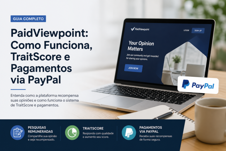 Infográfico explica como funciona o PaidViewpoint, o TraitScore e os pagamentos via PayPal.