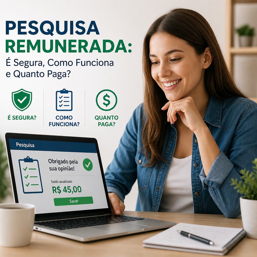 Smiling woman reviewing a laptop survey rewards page beside text about safe, paid surveys.