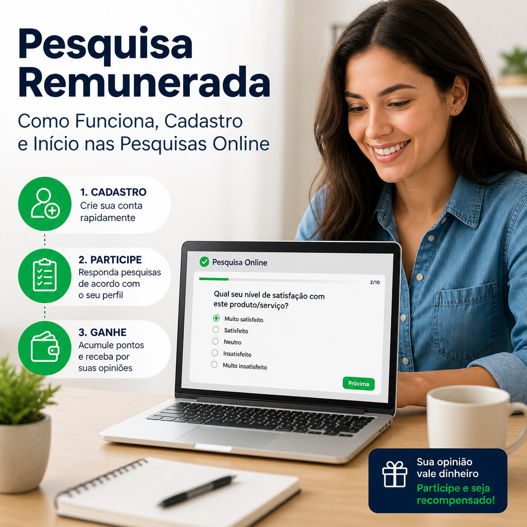 Mulher usando laptop em banner sobre pesquisa remunerada online, cadastro e participação.