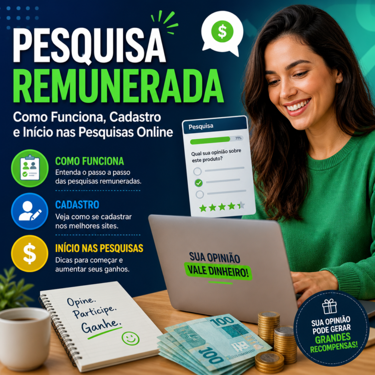 Anúncio em português sobre pesquisa remunerada online, com mulher usando notebook e informações sobre cadastro e recompen